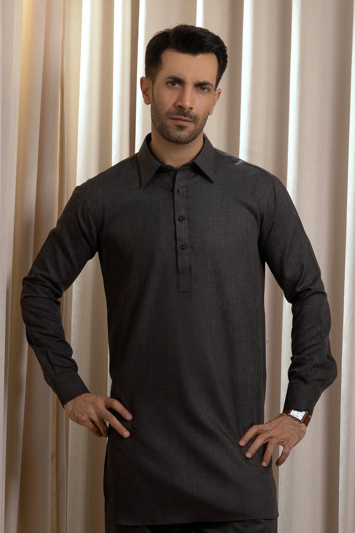 Men’s Midnight Charcoal Short Kurta & Wide-Leg Pajama