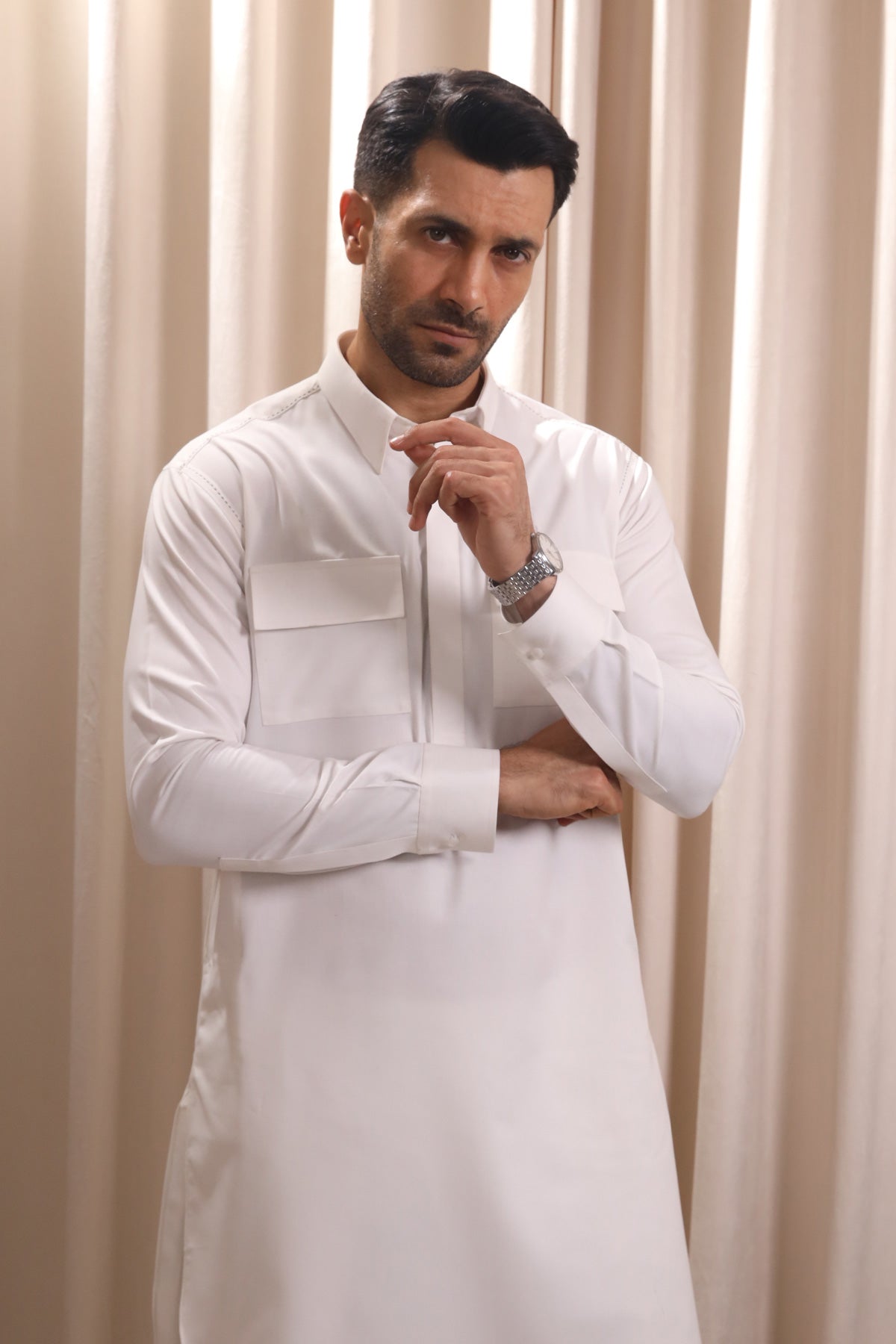 Men’s White Kurta Pajama – Modern Cut with Chest Pockets