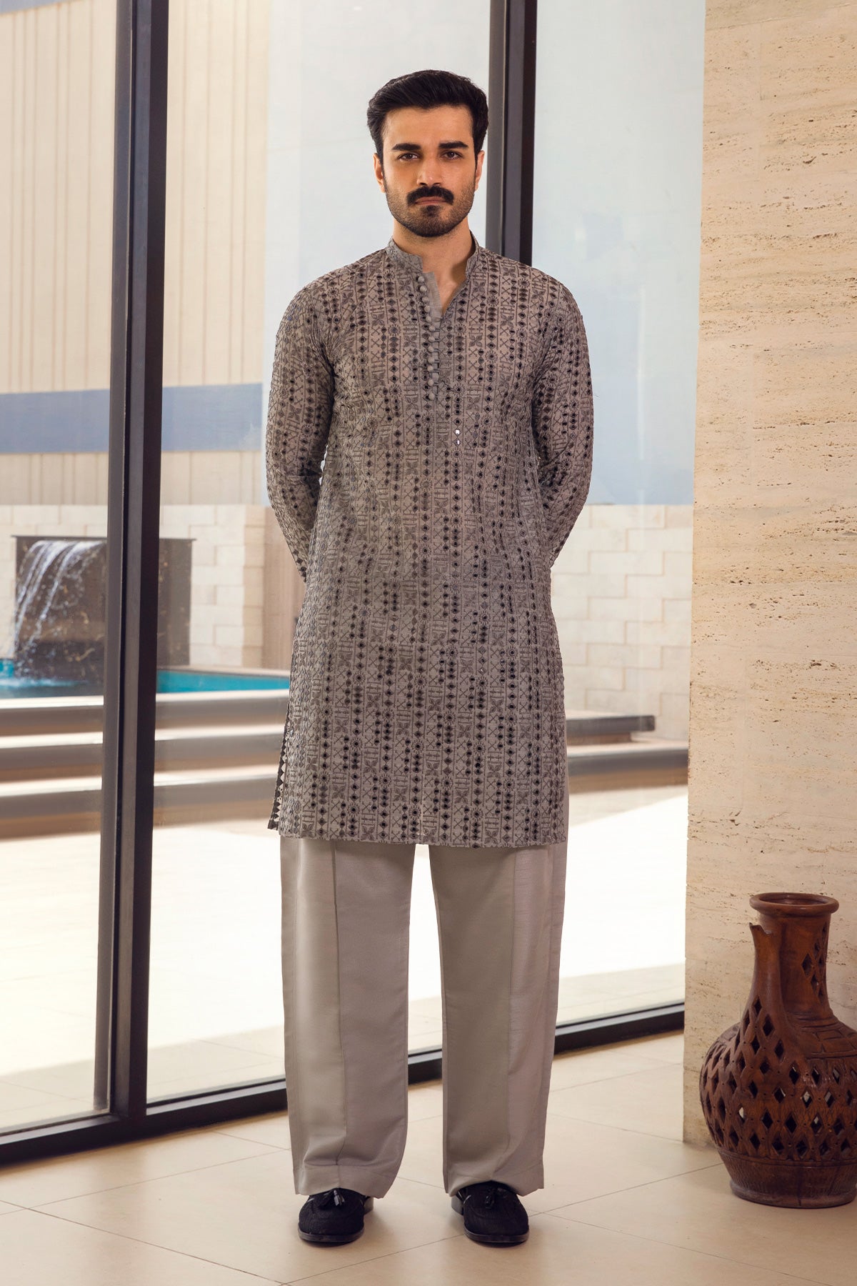Charcoal Geometric Embroidered Kurta Pajama