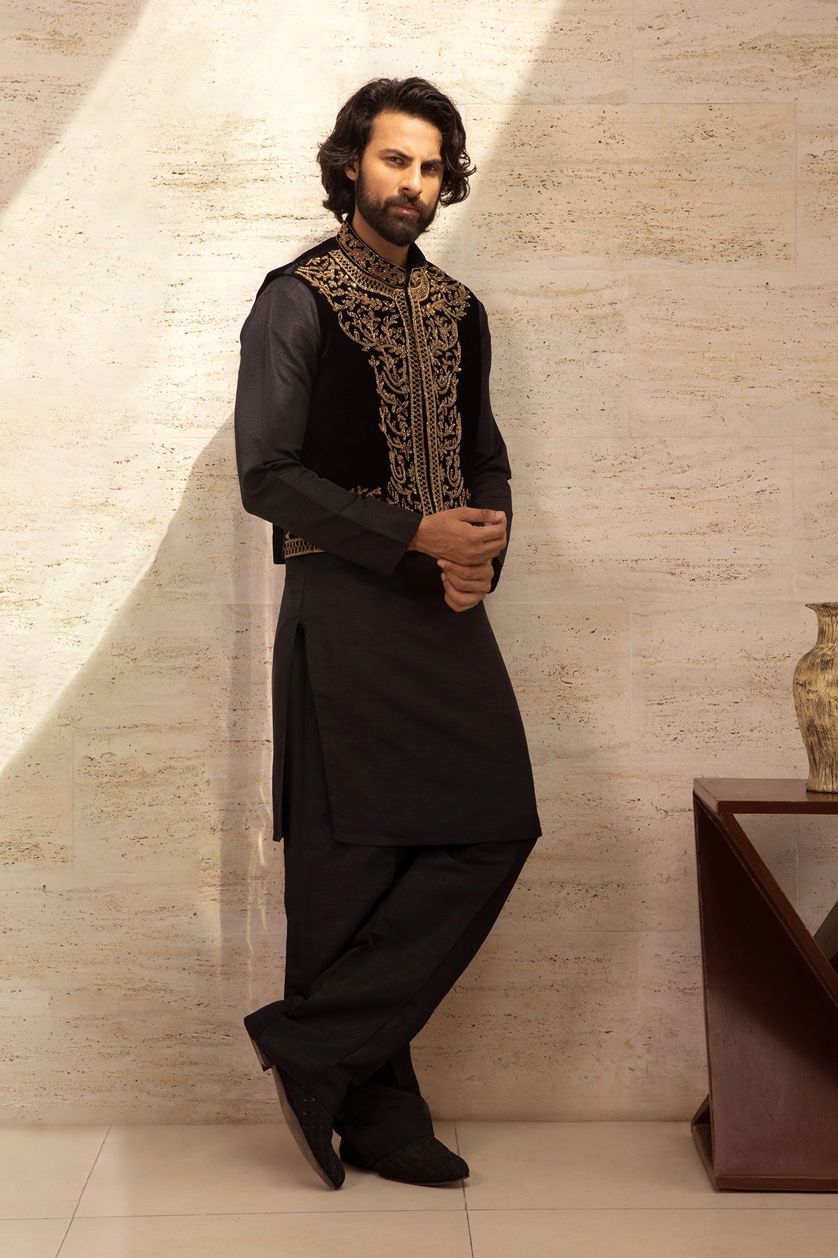 Black Velvet Waistcoat with Gold Embroidery Pathani Kurta Set
