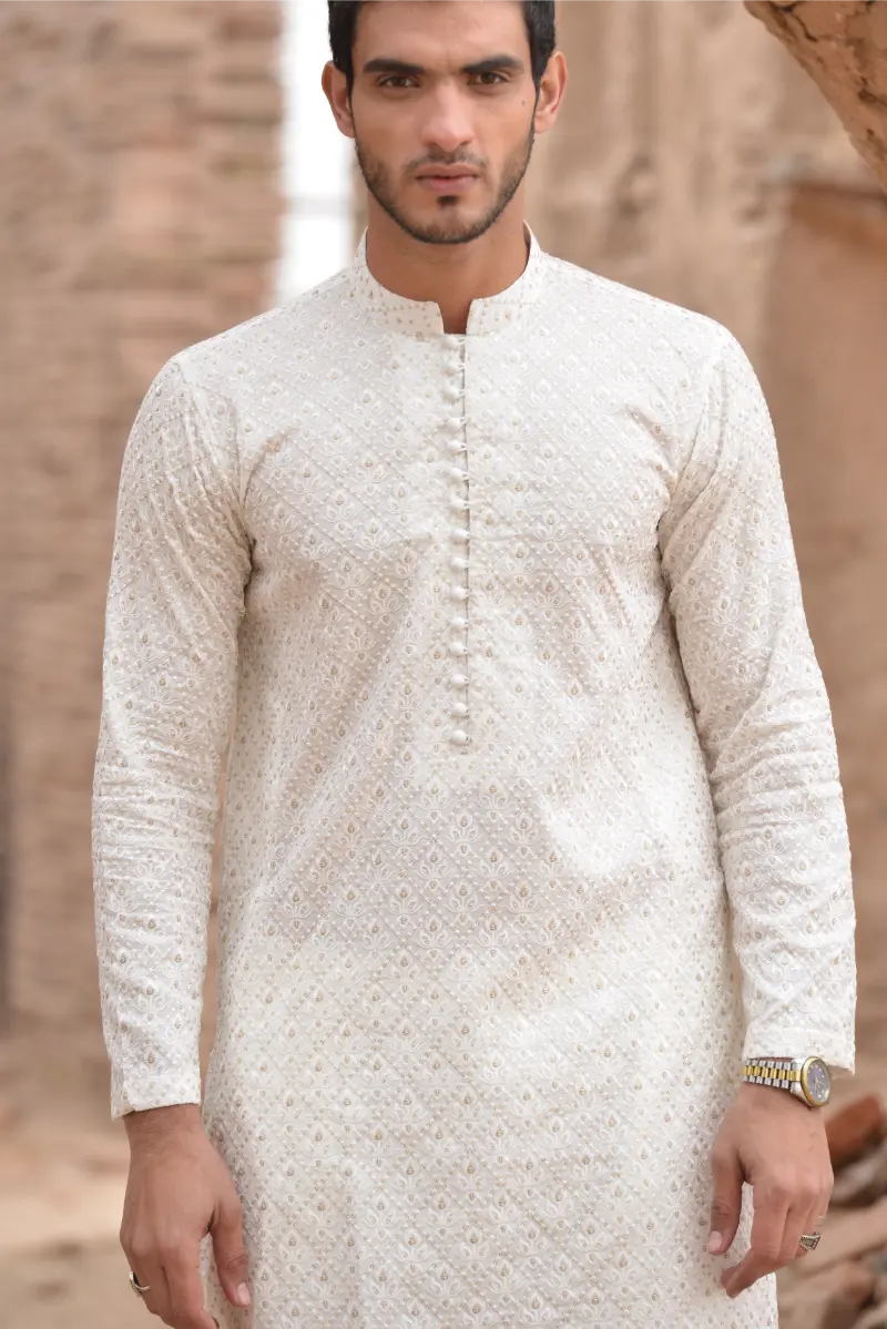 Off-white Georgette Embroidered Sequins Kurta Pajama