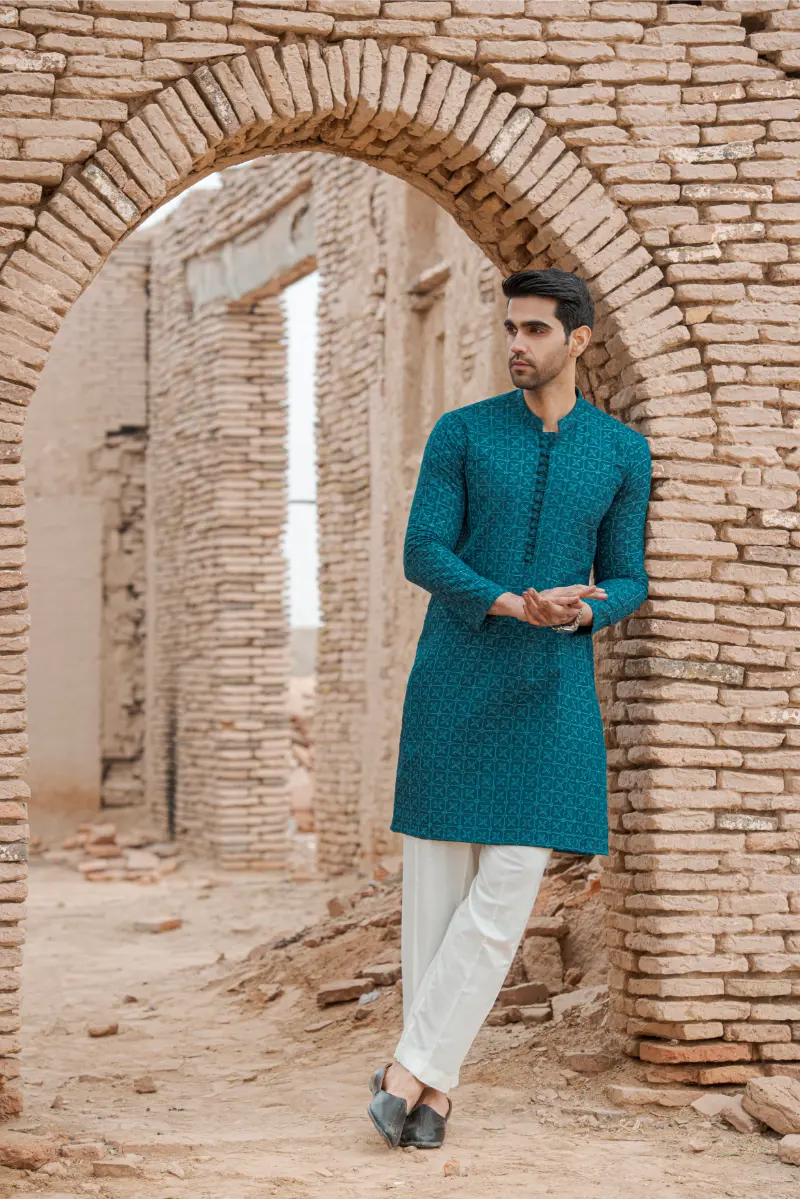 Peacock Blue Embroidered Sequins Kurta Pajama