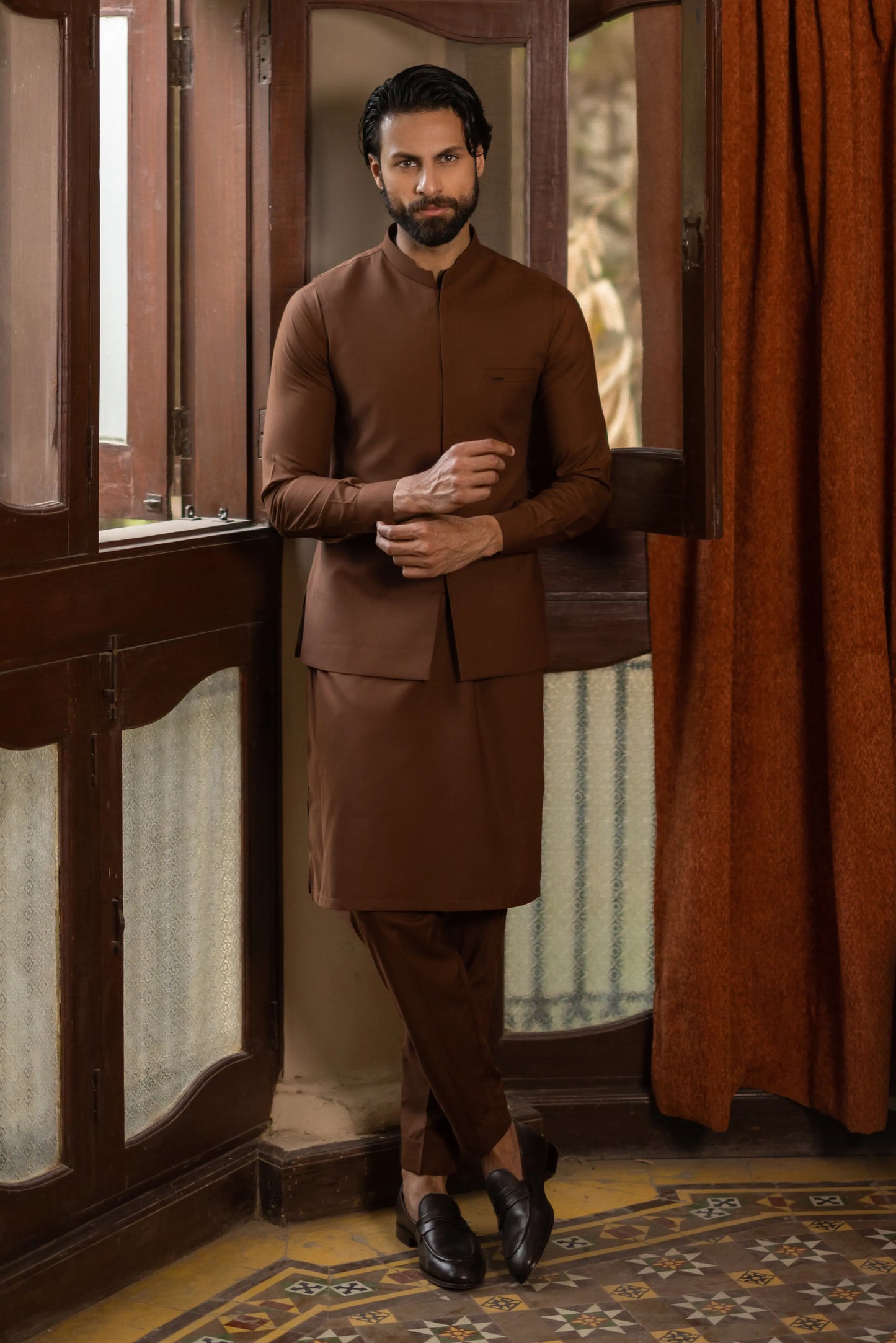 Chestnut Brown Waistcoat with Kurta Pajama