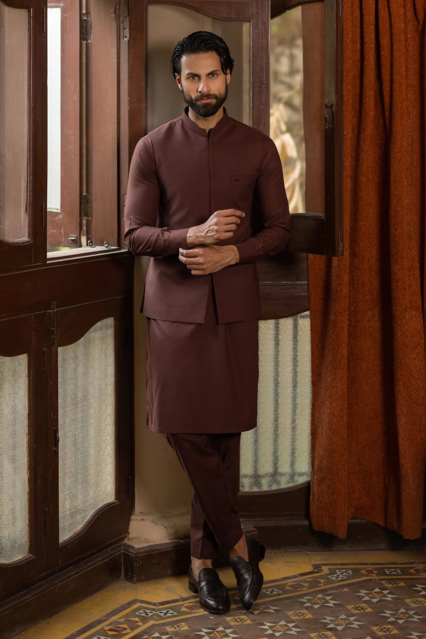 Maroon Waistcoat with Kurta Pajama