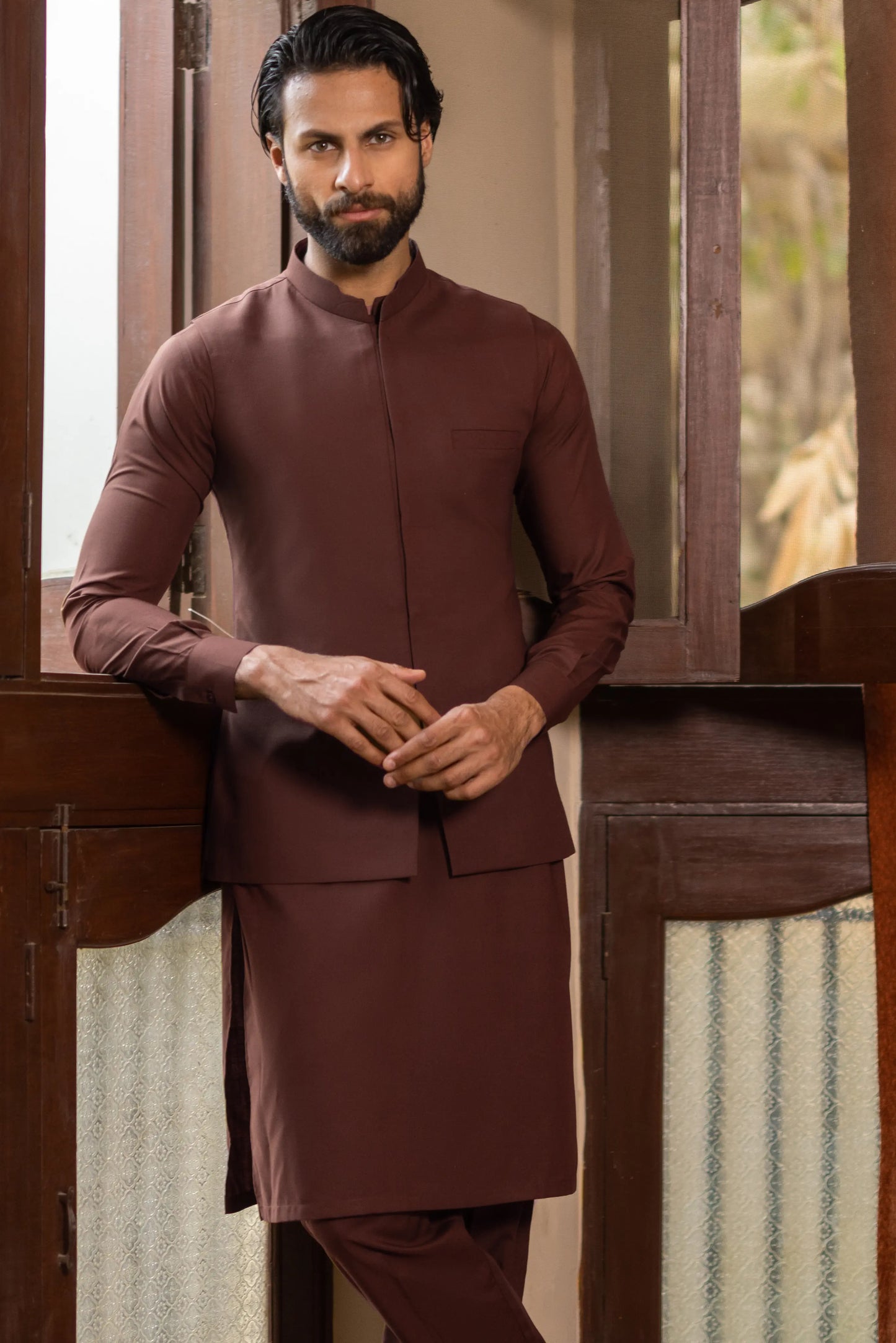 Maroon Waistcoat with Kurta Pajama