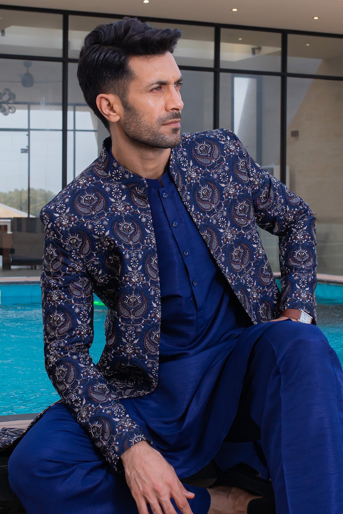 Royal Blue Brocade Sherwani with Gold Embroidery