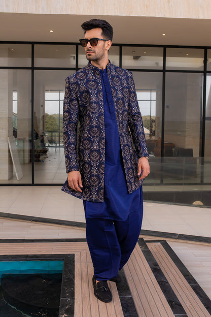 Royal Blue Brocade Sherwani with Gold Embroidery