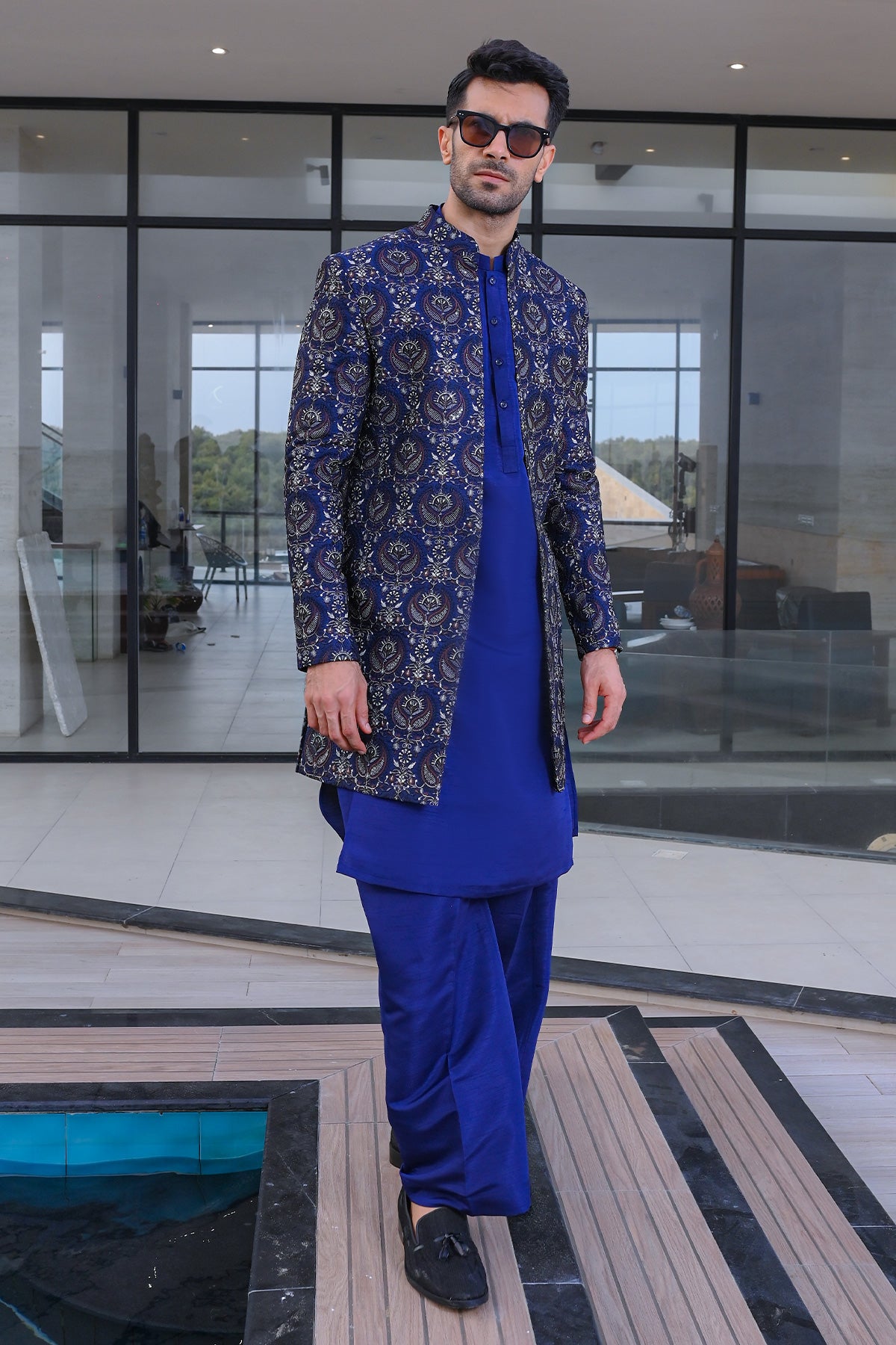 Royal Blue Brocade Sherwani with Gold Embroidery
