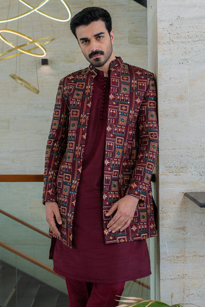 Printed Jacquard Sherwani with Kurta Set