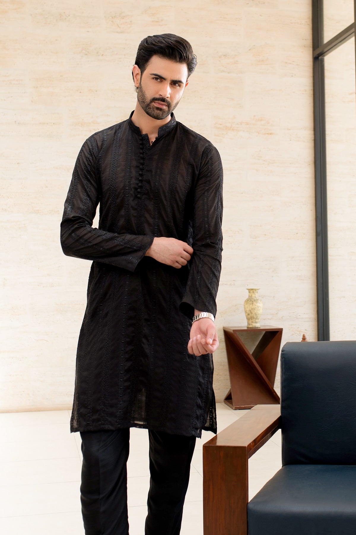 Midnight Shadow Textured Kurta Pajama