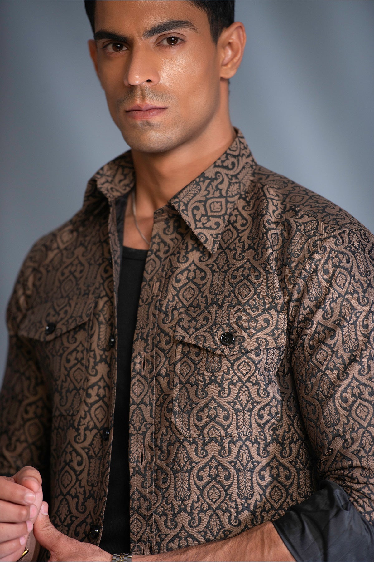 The Regal Damask Brown Printed Shacket