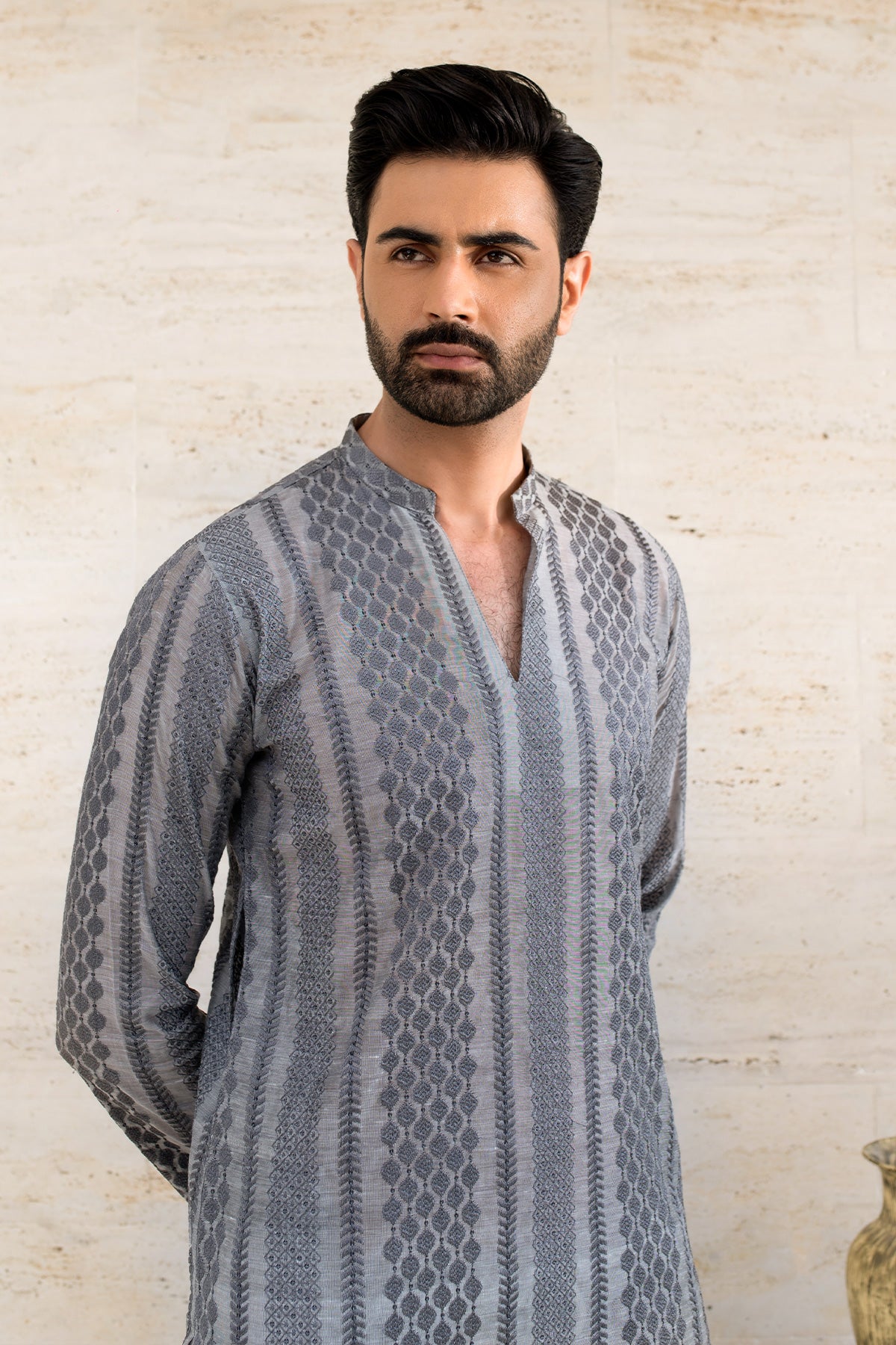 Textured Charcoal V-Neck Kurta Set