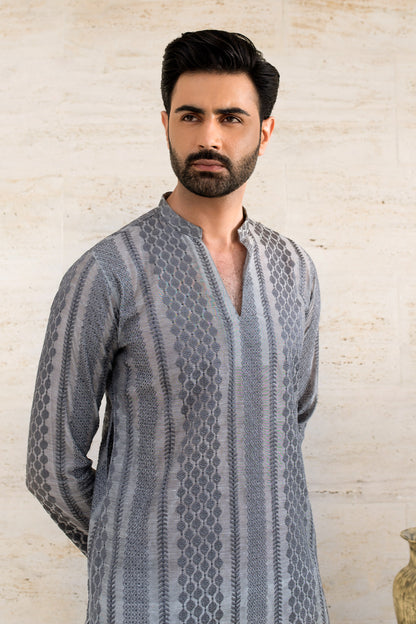 Textured Charcoal V-Neck Kurta Set
