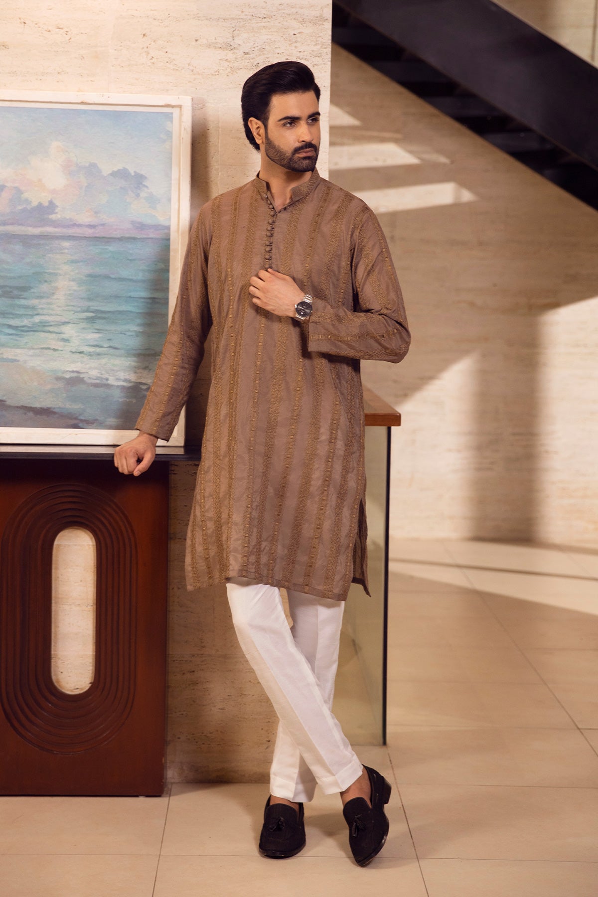 Terracotta Linear Embroidered Kurta Pajama