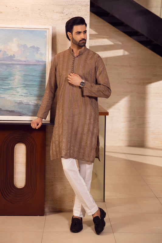 Terracotta Linear Embroidered Kurta Pajama