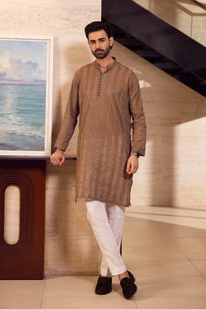Terracotta Linear Embroidered Kurta Pajama