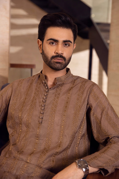 Terracotta Linear Embroidered Kurta Pajama