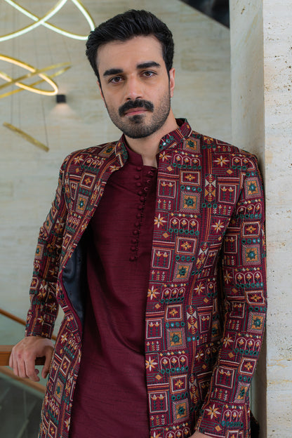 Printed Jacquard Sherwani with Kurta Set