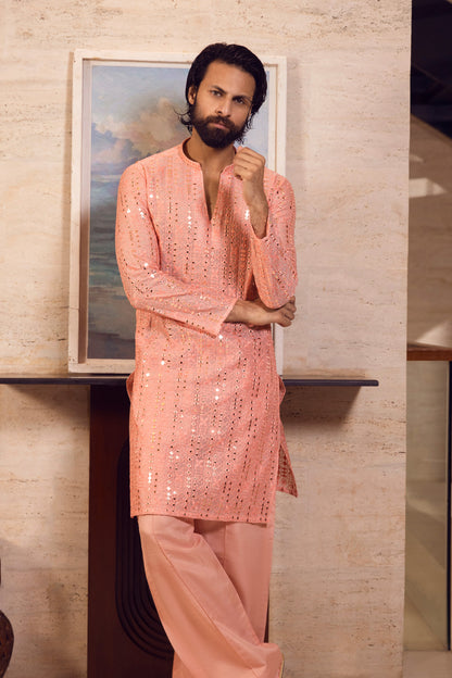 Peach Mirror Work & Sequin Kurta Set