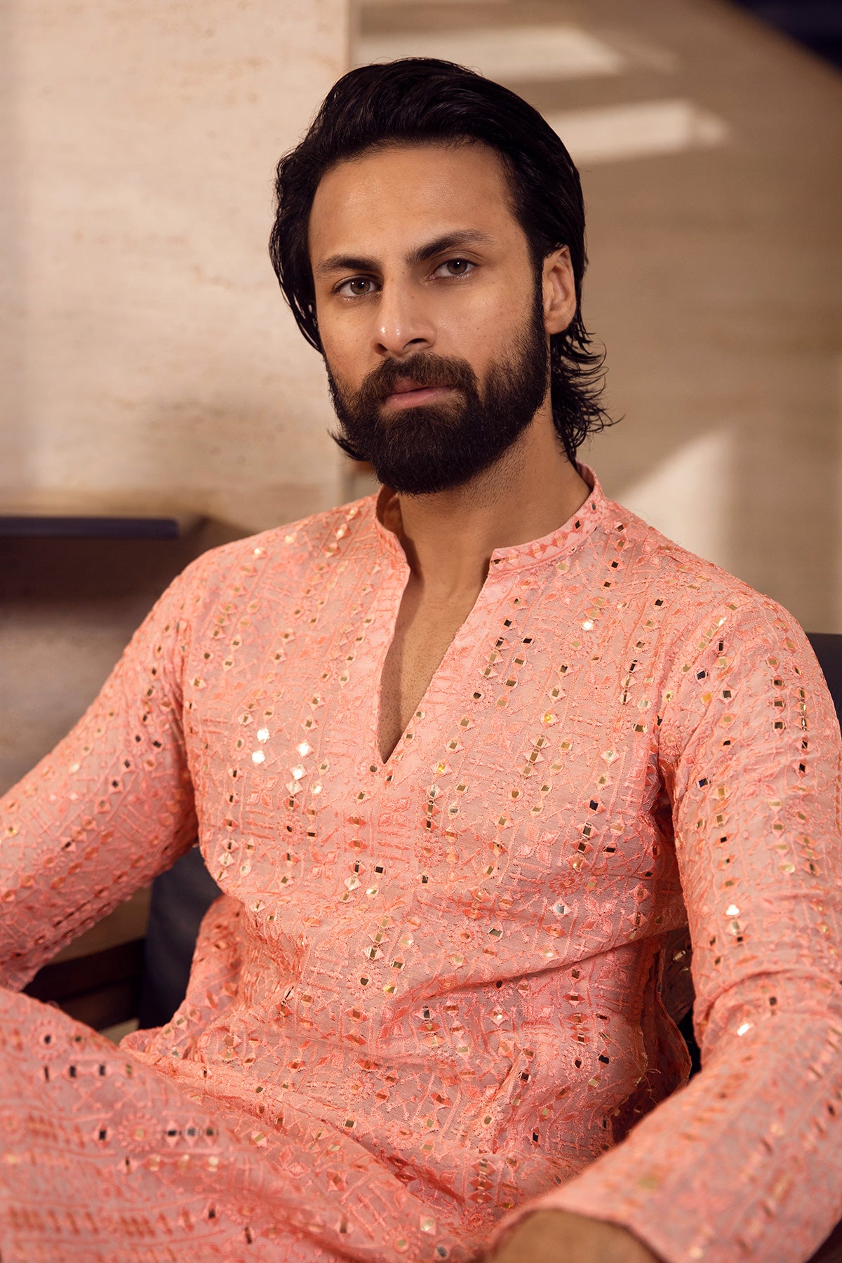 Peach Mirror Work & Sequin Kurta Set