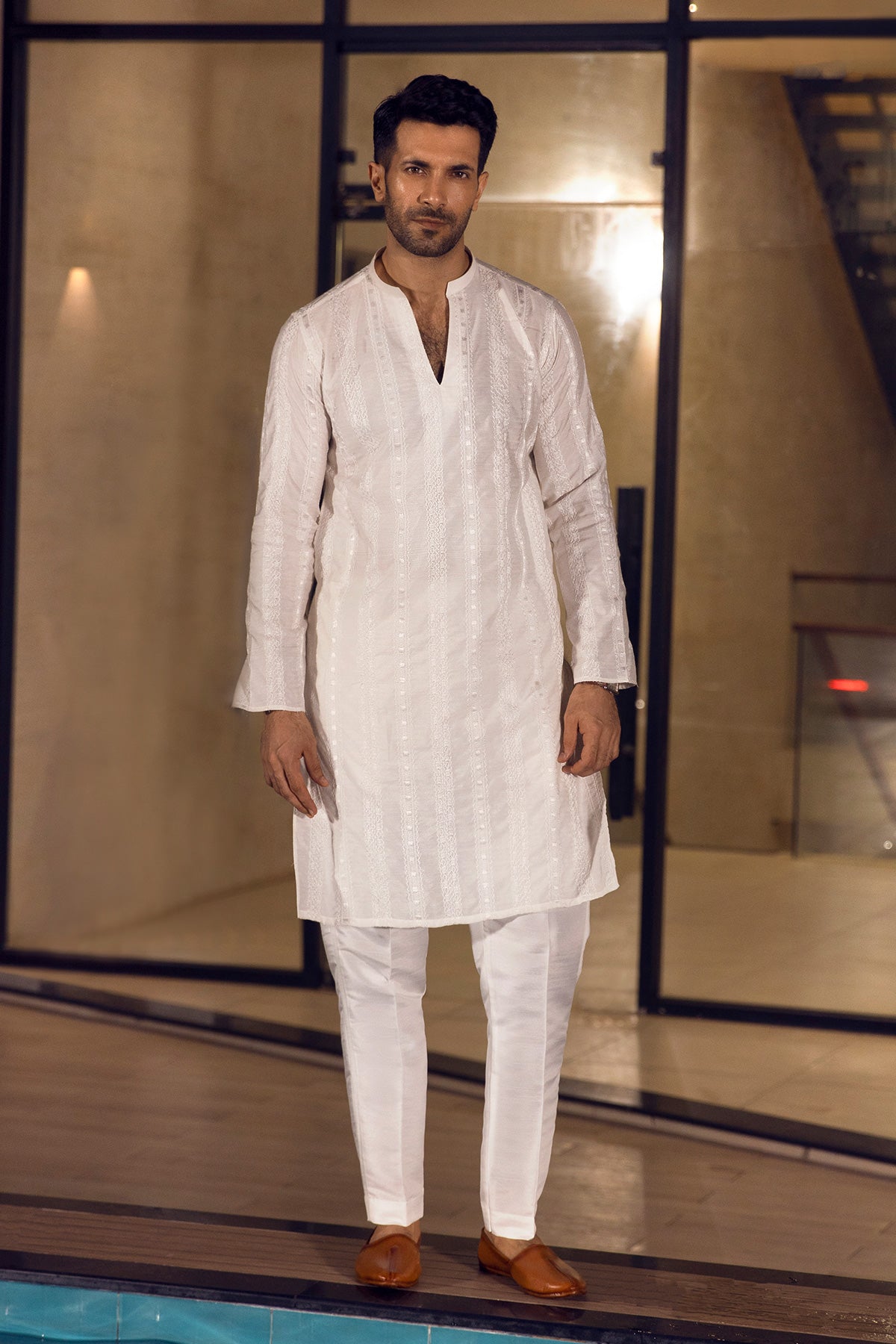 Ivory Textured V-Neck Kurta Pajama