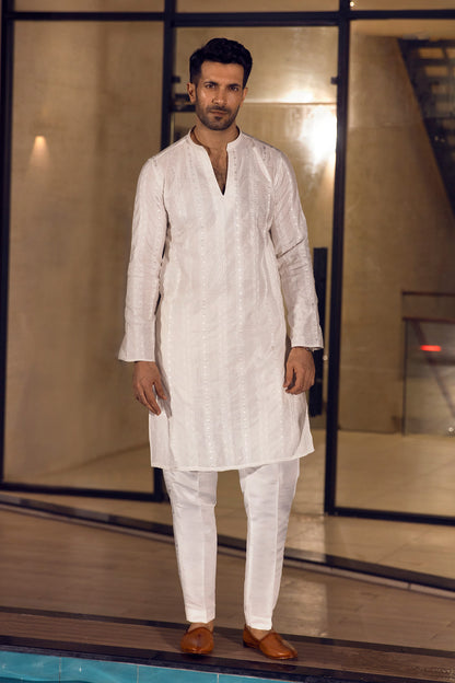 Ivory Textured V-Neck Kurta Pajama