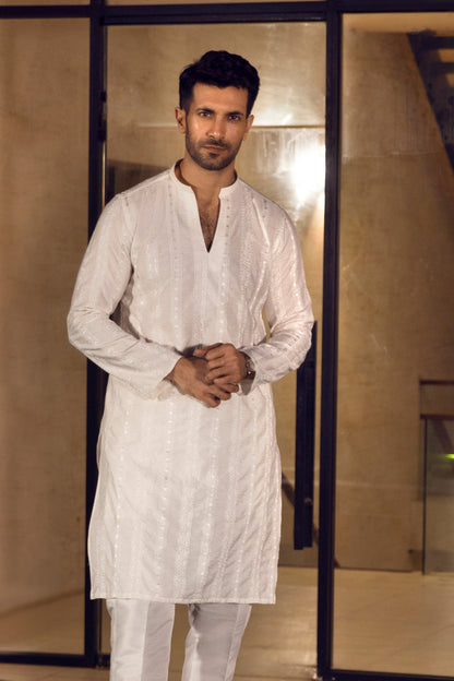 Ivory Textured V-Neck Kurta Pajama