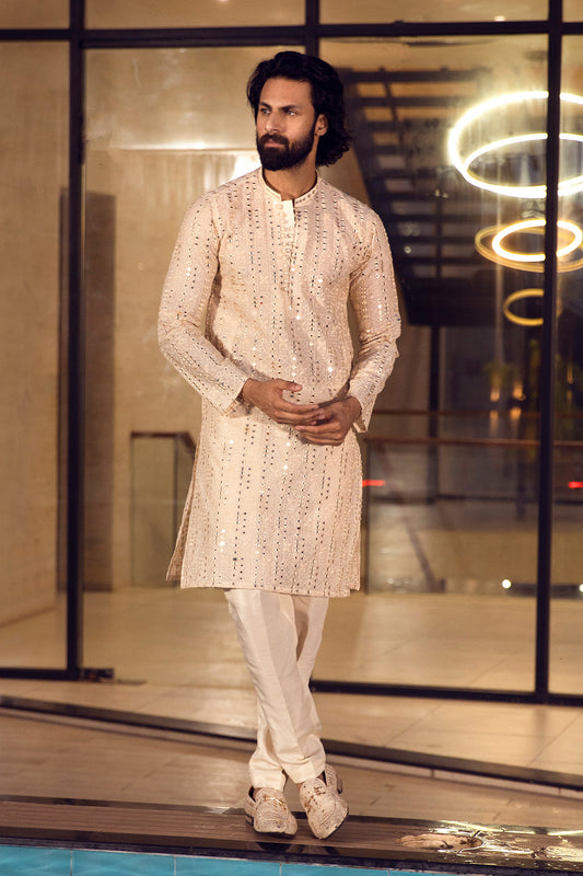 Cream Gilded Mirror Work Kurta Pajama