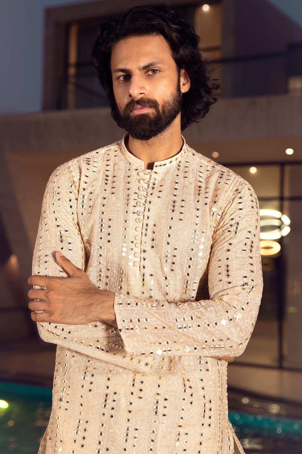 Cream Gilded Mirror Work Kurta Pajama