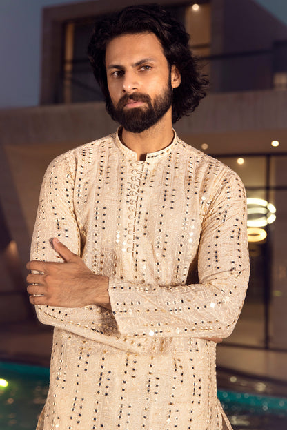 Cream Gilded Mirror Work Kurta Pajama