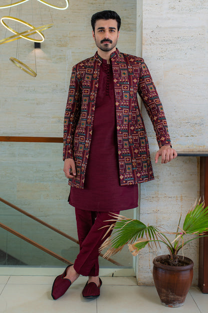 Printed Jacquard Sherwani with Kurta Set