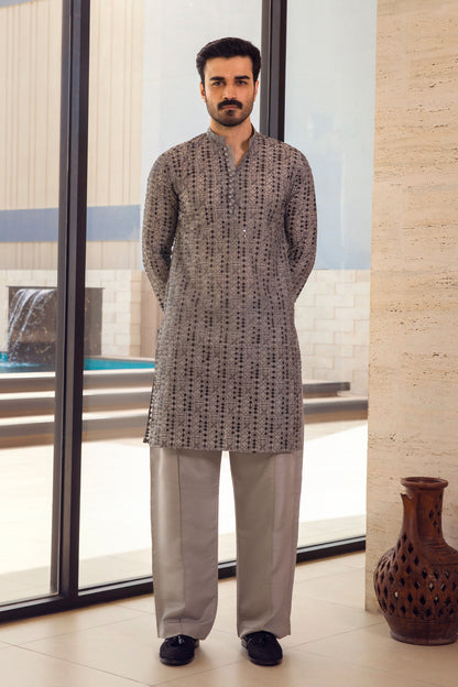 Charcoal Geometric Embroidered Kurta Pajama
