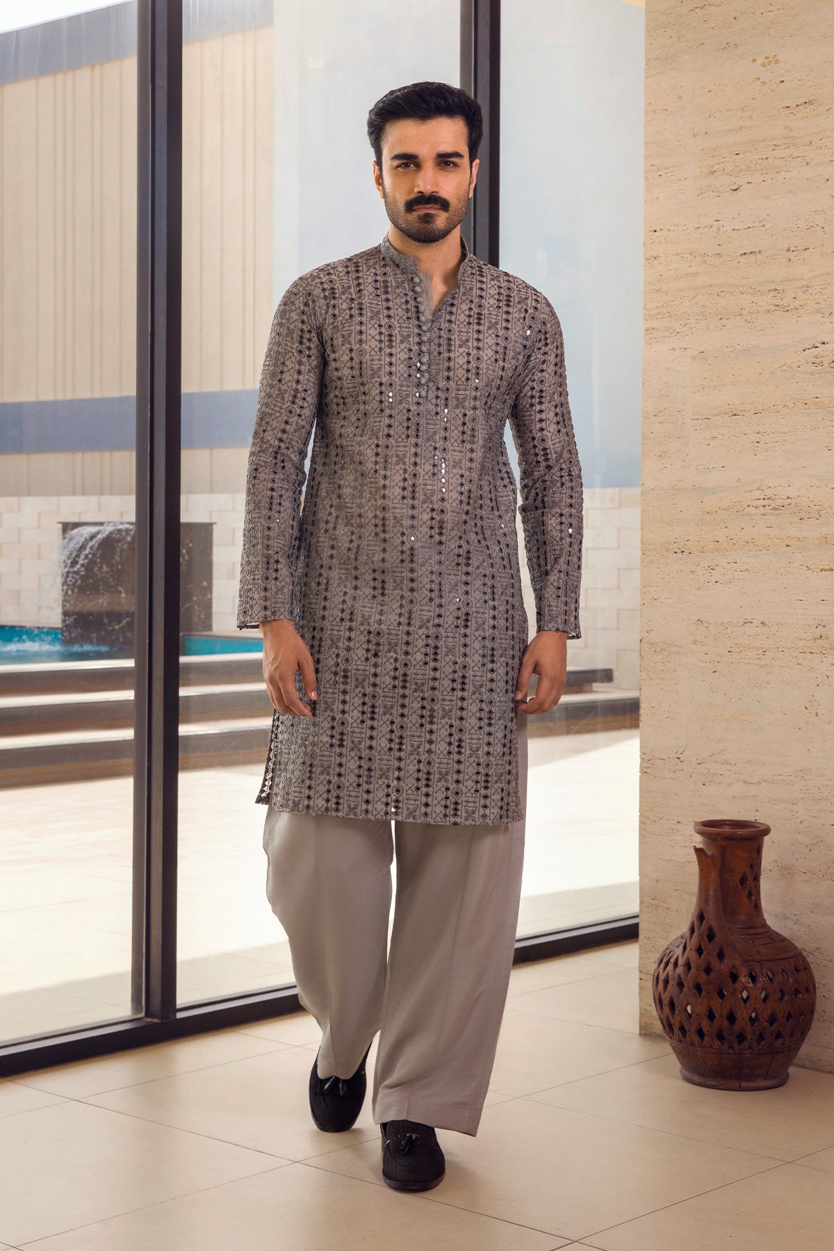 Charcoal Geometric Embroidered Kurta Pajama