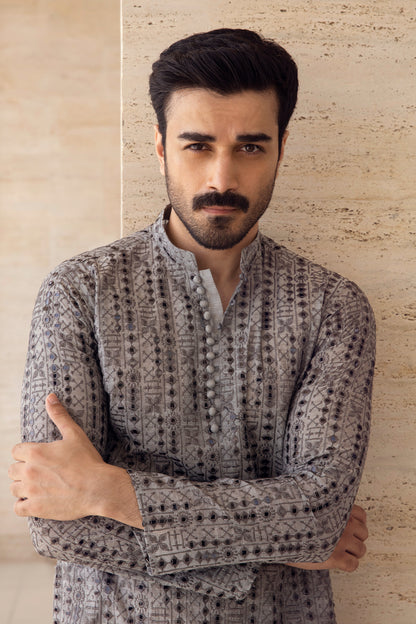 Charcoal Geometric Embroidered Kurta Pajama