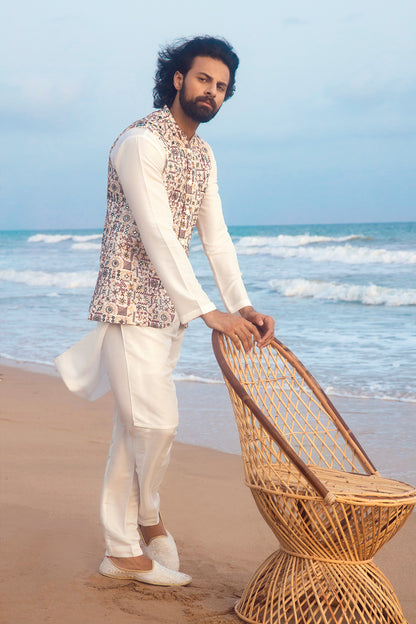 Printed Waistcoat with White Kurta Set