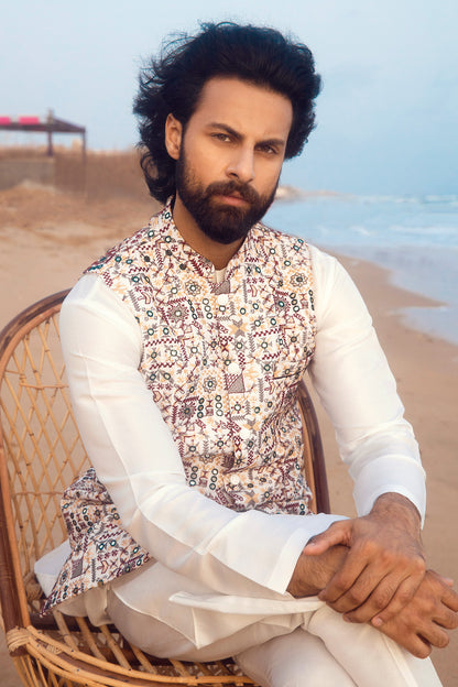 Printed Waistcoat with White Kurta Set