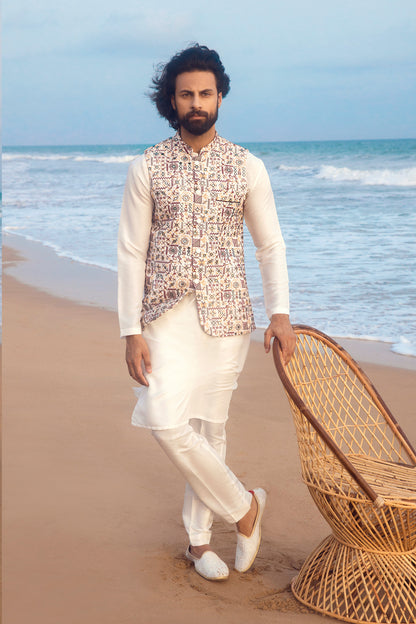 Printed Waistcoat with White Kurta Set