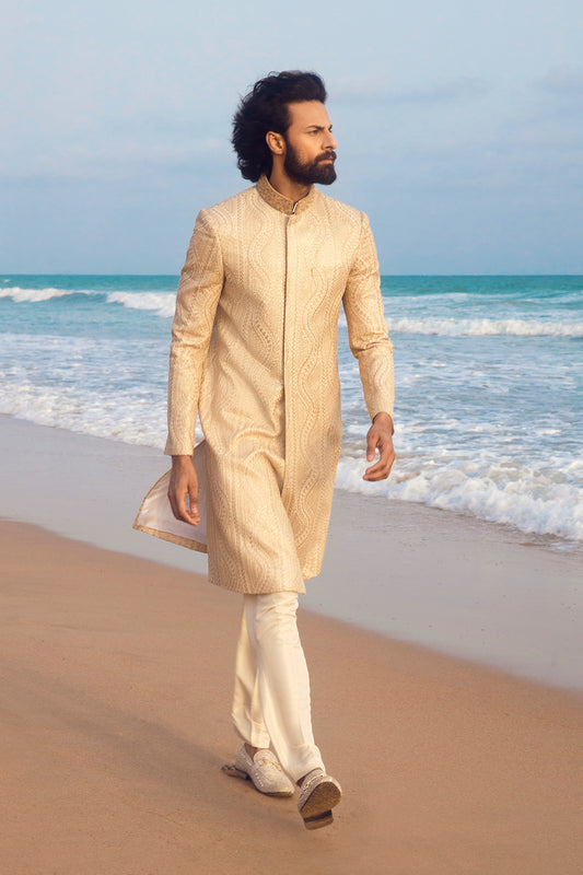 Beige Raw Silk Sherwani with Subtle Texture