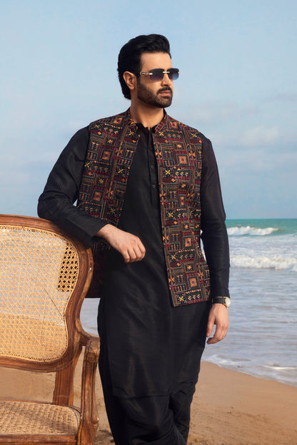 Multicolor Embroidered Waistcoat with Black Kurta Set
