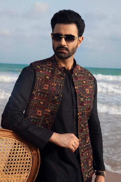 Multicolor Embroidered Waistcoat with Black Kurta Set