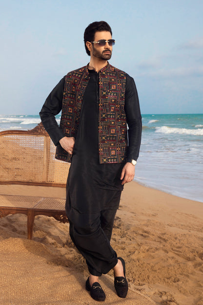 Multicolor Embroidered Waistcoat with Black Kurta Set