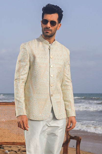 Embellished Off-White Prince Coat Set