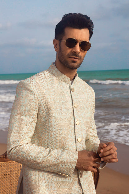 Embellished Off-White Prince Coat Set