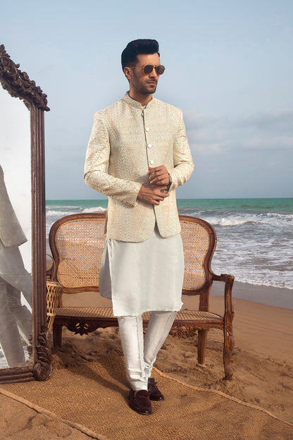 Embellished Off-White Prince Coat Set