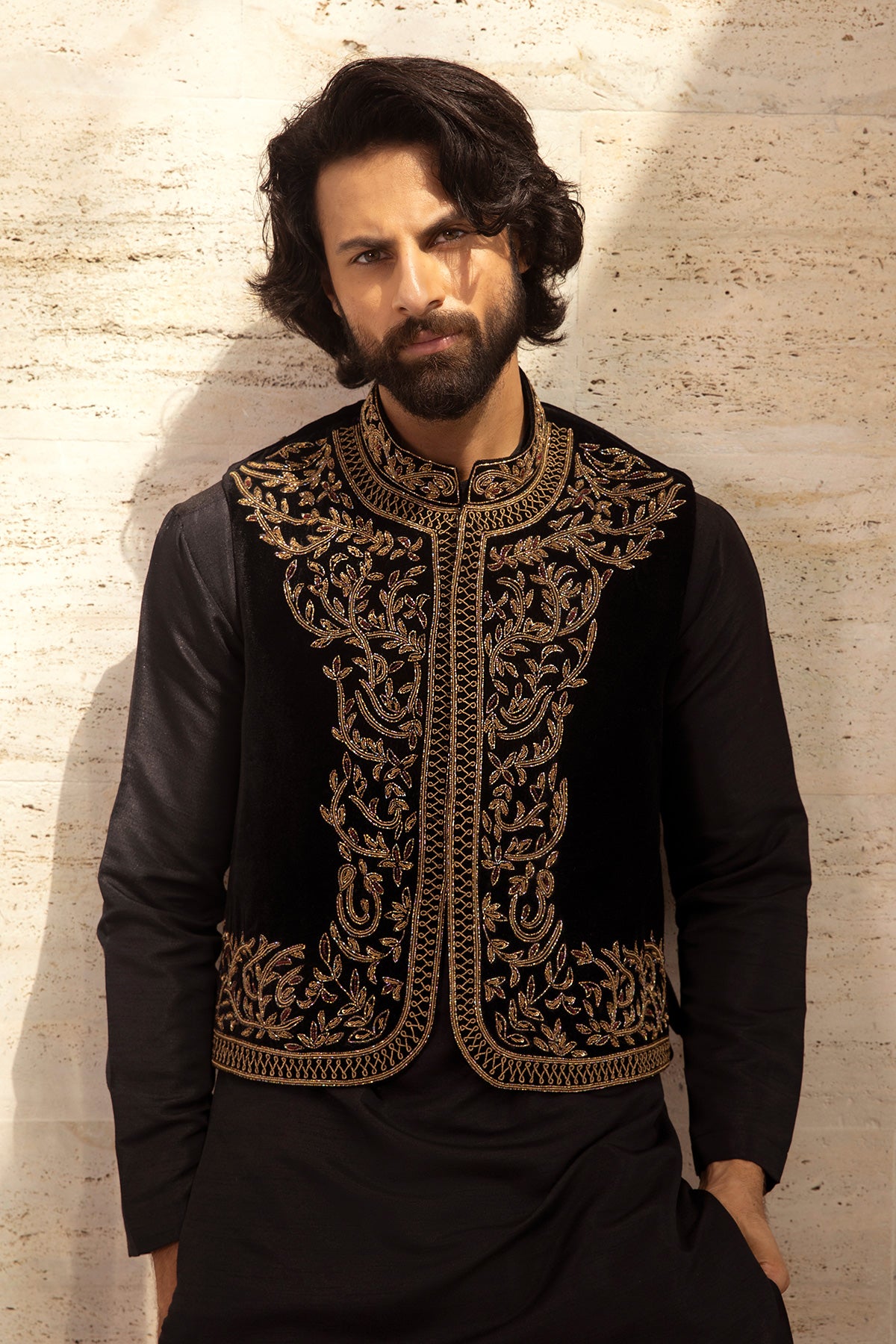 Black Velvet Waistcoat with Gold Embroidery Pathani Kurta Set