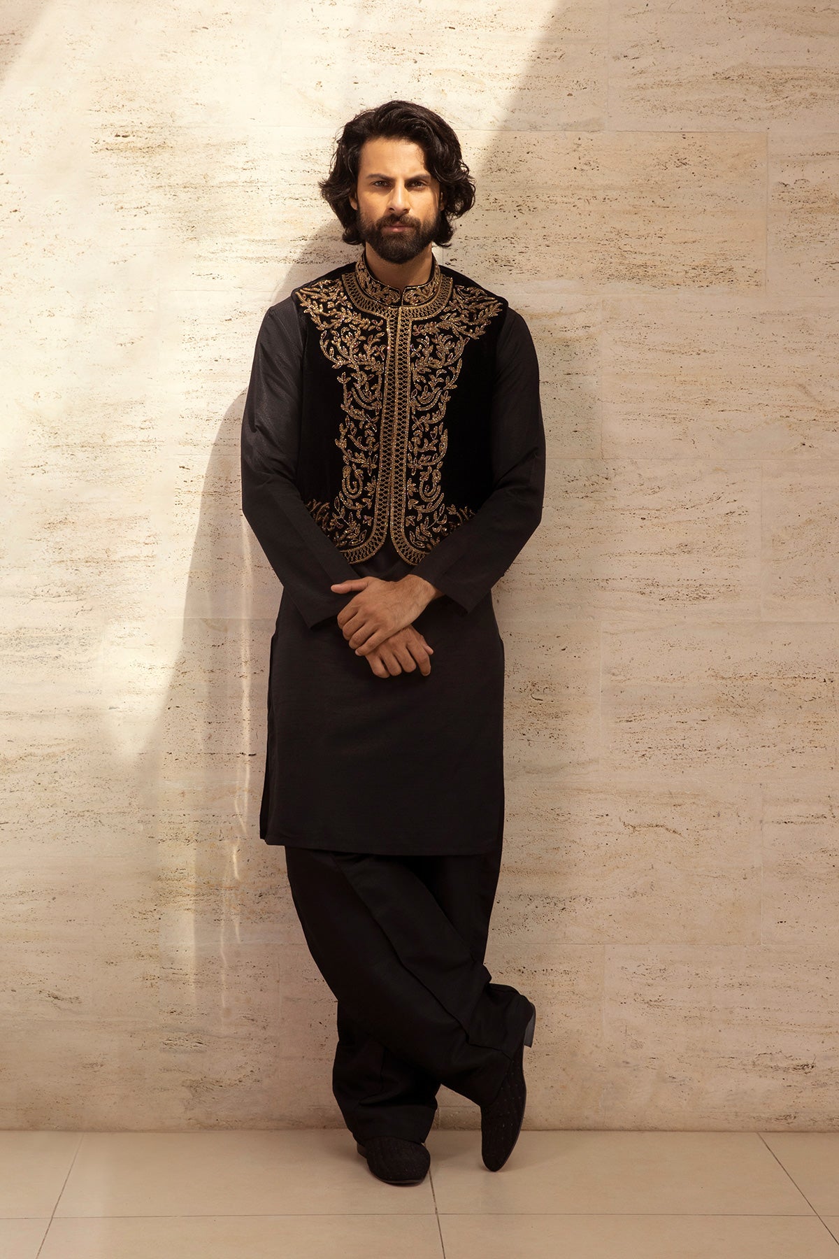 Black Velvet Waistcoat with Gold Embroidery Pathani Kurta Set