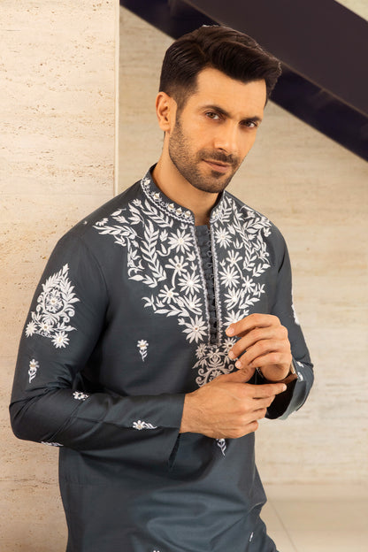 Slate Floral Embroidered Kurta Pajama