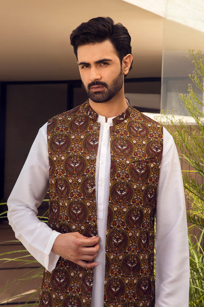 White Kurta with Mughal Motif Waistcoat