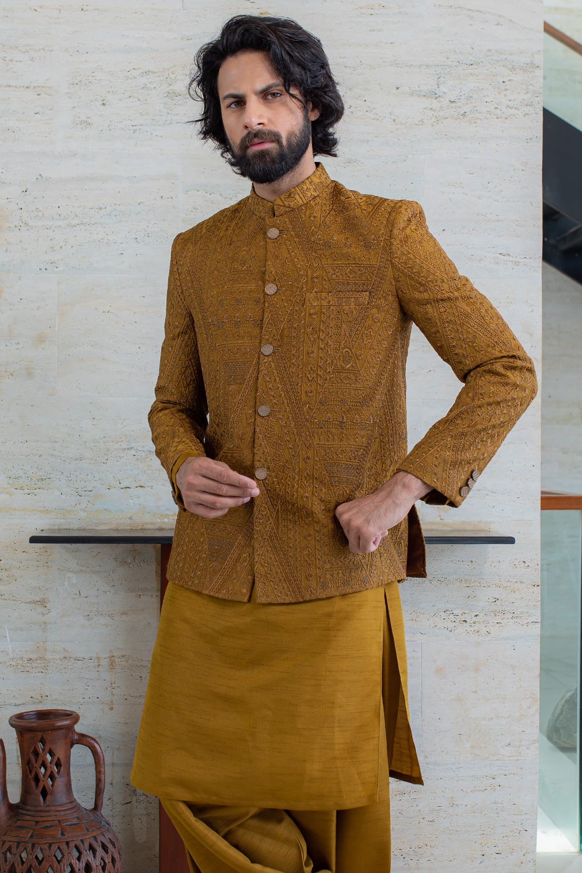 Embroidered Mustard Sherwani Set