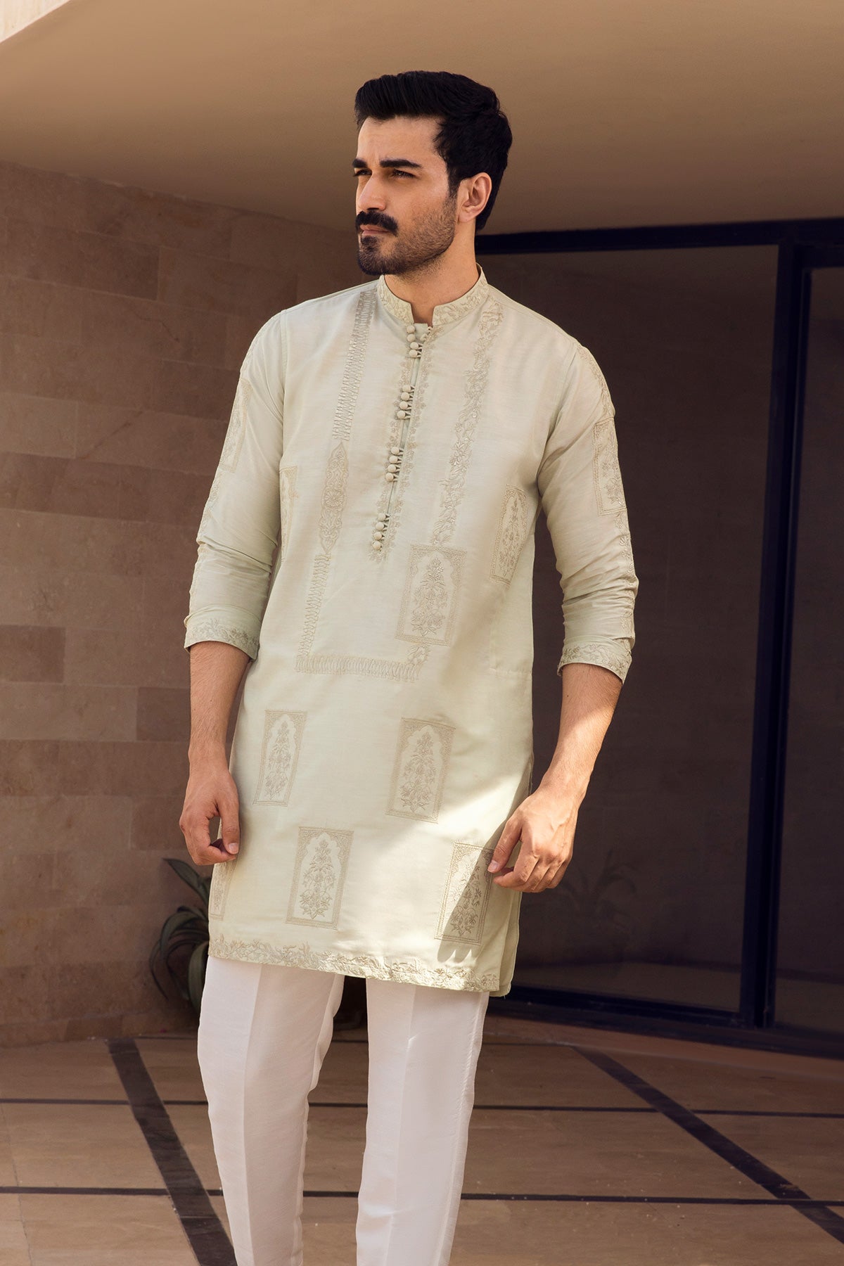 Mint Mughal Motif Embroidered Kurta Pajama